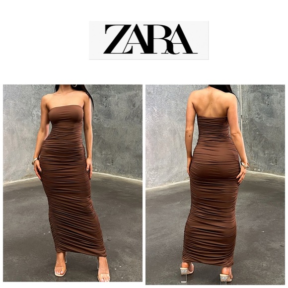 Zara Chocolate Strapless Ruched Stretch Jersey Dress L - Picture 1 of 11
